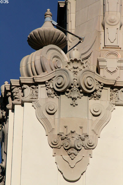 Scrolls & faces atop Beverly Hills City Hall. Beverly Hills, CA.
