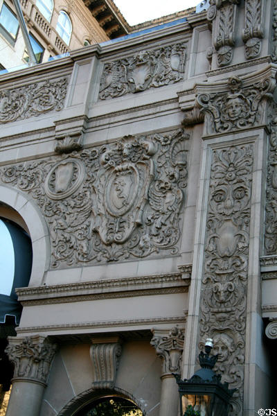 Decorative stone carvings on facade of Beverly-Wilshire Hotel. Beverly Hills, CA.