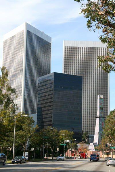 Century Plaza Towers (1975) (44 floors) (2029-49 Century Park East) over Century City Medical Plaza. Century City, CA. Architect: Minoru Yamasaki & Assoc..