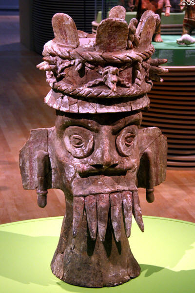 Oaxacan ceramic censer depicting Tlaloc god of rain & lightning (1200-1400) at LACMA. Los Angeles, CA.
