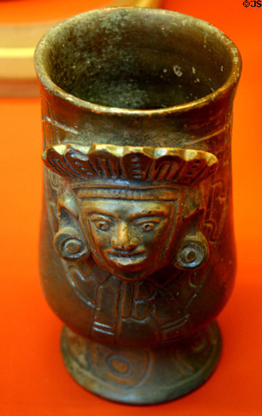 Guatemalan ceramic vessel with head of deity (900-1200) at LACMA. Los Angeles, CA.