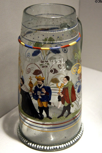 Bohemian glass beaker painted with tribute to Jacob Tevfel (1604) at LACMA. Los Angeles, CA.