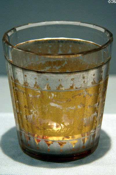 Bohemian cut glass beaker etched with bear hunt scene (1730-50) at LACMA. Los Angeles, CA.