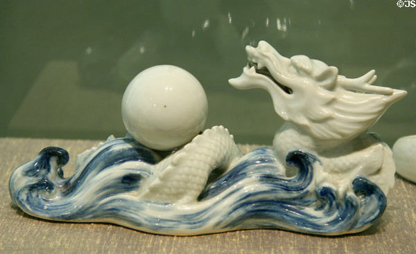 Hirado ware porcelain dragon with globe on waves (19thC) at Pavilion for Japanese Art at LACMA. Los Angeles, CA.