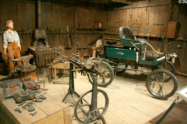 Blacksmith's shop with Carl Breer's steam car (1901) made in LA at Petersen Automotive Museum. Los Angeles, CA.