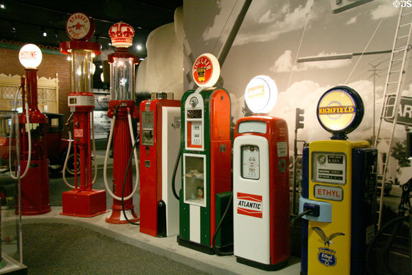 Collection of early gas pumps at Petersen Automotive Museum. Los Angeles, CA.