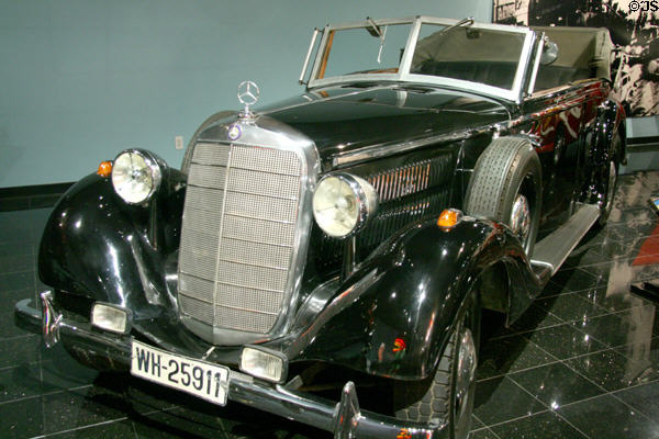 Replica of 1937 Mercedes Benz used in Raiders of the Lost Ark (1981) as modified from Jaguar at Petersen Automotive Museum. Los Angeles, CA.