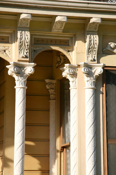 John J. Ford House carved columns at Heritage Square Museum. Los Angeles, CA.