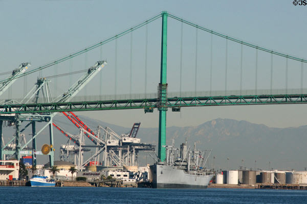 Historic Merchant Marine ship S.S. Lane Victory docked under Vincent Thomas Bridge. San Pedro, CA.