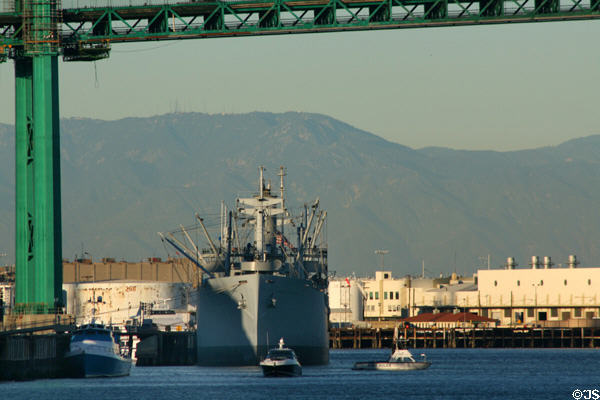 Merchant Marine ship S.S. Lane Victory docked under Vincent Thomas Bridge. San Pedro, CA.
