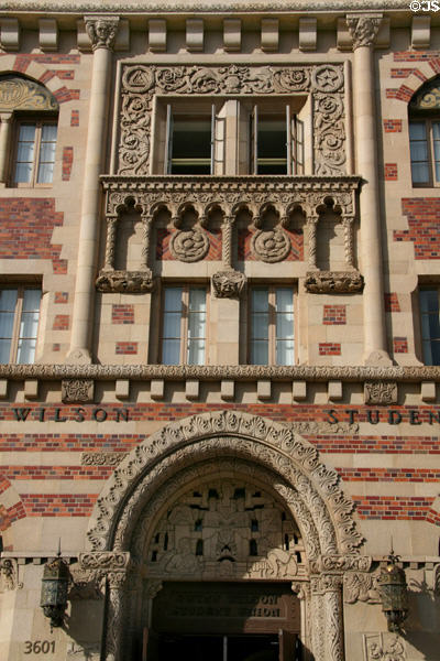 Central carved facade of Gwynn Wilson Student Union at USC. Los Angeles, CA.