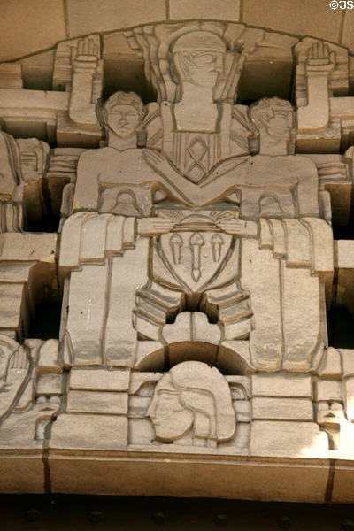Art Deco carved coat of arms on Gwynn Wilson Student Union at USC. Los Angeles, CA.