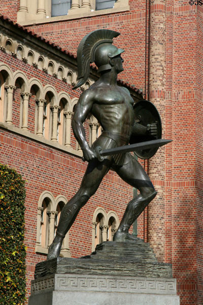 Tommy Trojan statue (1930) by Roger Noble Burnham before Bovard Administration Building at USC. Los Angeles, CA.