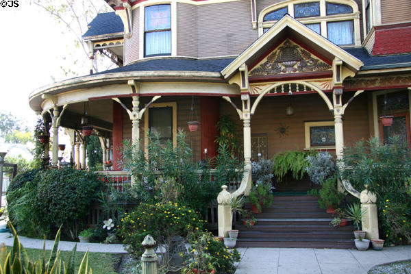 Porch details of Salisbury House in LA's North University Park Historic District. Los Angeles, CA.