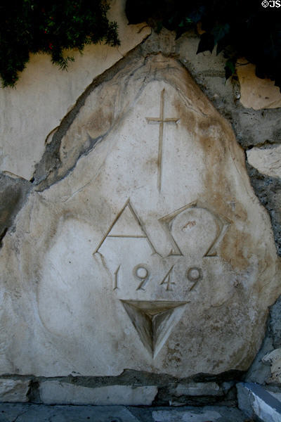 Inscribed cornerstone of Wayfarers Chapel. Rancho Palos Verdes, CA.