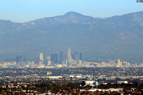 Skyline of central Los Angeles against San Gabriel Mountains from Rancho Palos Verdes. Los Angeles, CA.