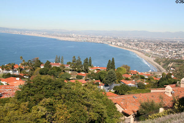 Houses of Rancho Palos Verdes with Santa Monica in distance. Los Angeles, CA.