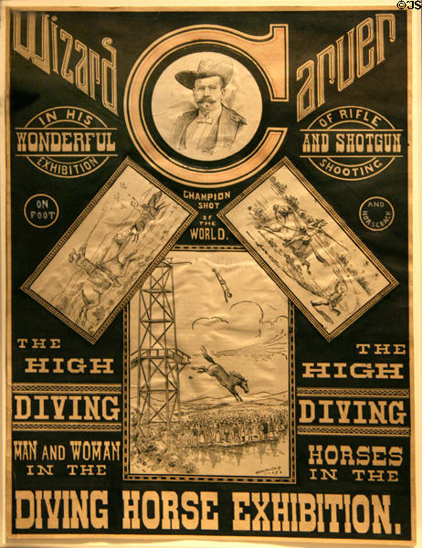 Poster for Wizard Carver Diving Horse Exhibition (1880s) for show of Dr. W. F. Carver former partner of Buffalo Bill Cody at Autry National Center. Los Angeles, CA.
