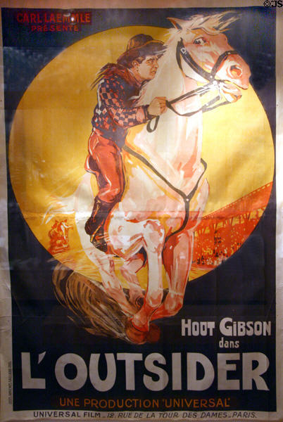 Poster for Hoot Gibson's L'Outsider film in French by Universal Film of Paris (1930) at Autry National Center. Los Angeles, CA.