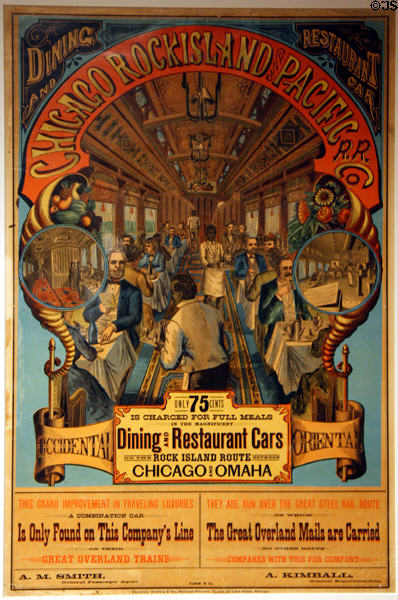 Poster promoting dining cars meals for 75 cents on Chicago, Rock Island & Pacific Railroad at Autry National Center. Los Angeles, CA.