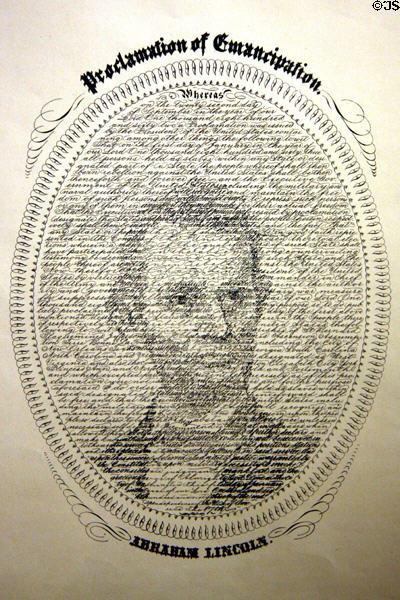 Graphic (1867) of Abraham Lincoln drawn using text of Emancipation Proclamation by W.H. Pratt at Autry National Center. Los Angeles, CA.