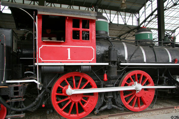 Side view of Stockton Terminal & Eastern steam locomotive #1 (1864) at Travel Town Museum. Los Angeles, CA.