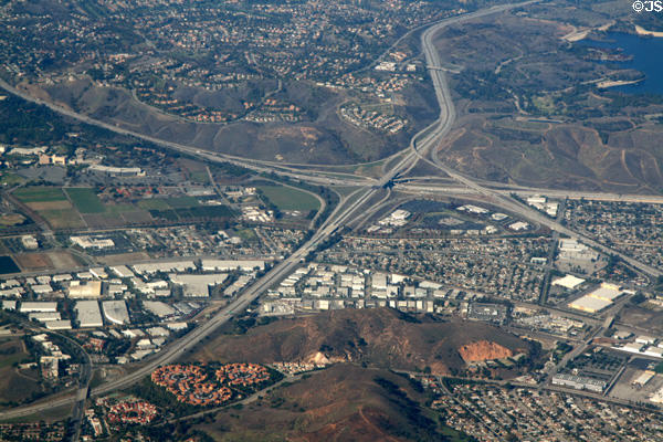 Aerial view of Interchange of San Bernadino, Orange & Chino Valley Freeways. CA.