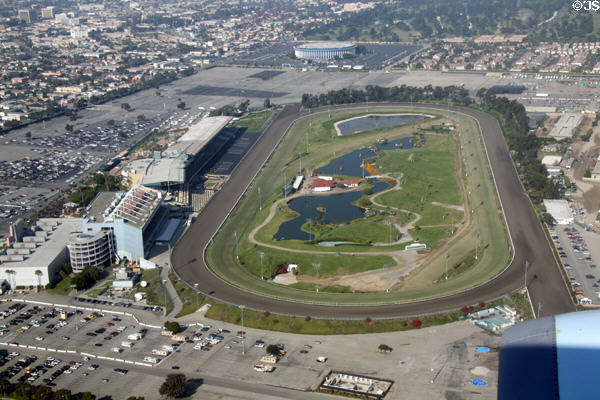 Aerial view of Hollywood Park Racetrack in Inglewood, CA.