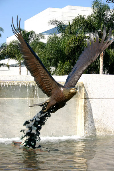 Sculpture of eagle taking off from water at Crystal Cathedral. Garden Grove, CA.