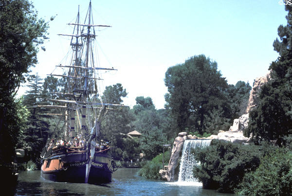 Scale replica of sailing ship Columbia circles through Frontierland at Disneyland ®. Anaheim, CA.