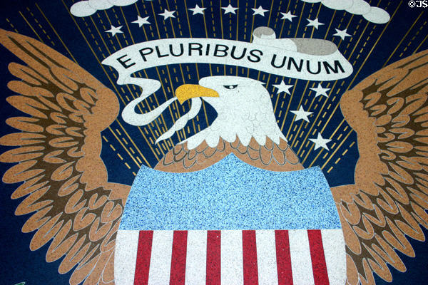 Presidential seal detail of eagle in entrance lobby of Nixon Library. Yorba Linda, CA.