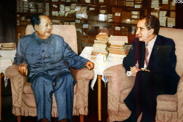 Needlepoint portrait of Nixon meeting Chairman Mao during China diplomacy in 1972 (made 1991) at Nixon Library. Yorba Linda, CA.