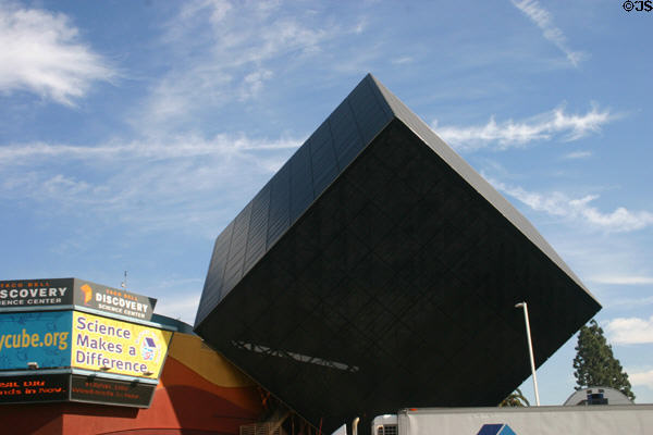 Cubic building on its corner at Discovery Science Center. CA.