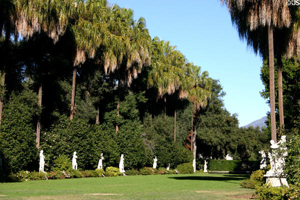 Lawn with sculptures & palms at Henry E. Huntington Gallery. San Marino, CA.