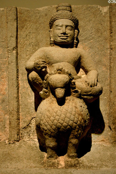Budha (Mercury) upon a bird (10thC) of sculpted sandstone stele of planetary deities from Cambodia in Norton Simon Museum. Pasadena, CA.