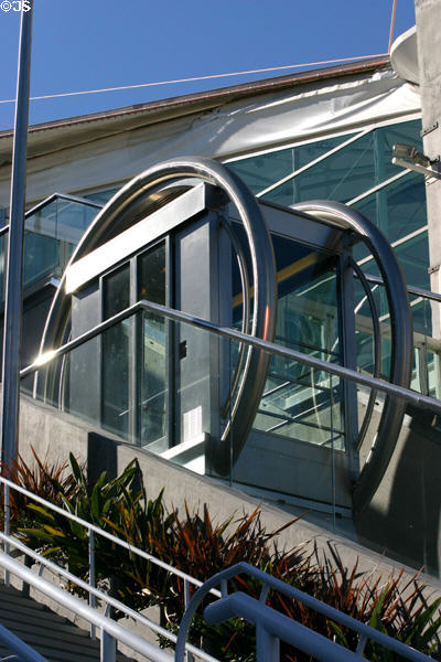 Barrel-shaped elevator on a slope at Convention Center I. San Diego, CA.