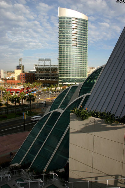 Stadium, The Metropolitan highrise & Convention Center Phase II sloping glass walls. San Diego, CA.