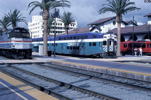 Amtrak, Coaster (regional transit) & Trolley trains at Santa Fe Depot. San Diego, CA.