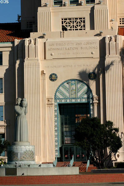 San Diego City & County Administration Building entrance facade with tile work. San Diego, CA.