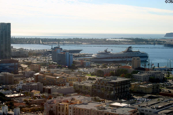 Cruise ship in port of San Diego from air. San Diego, CA.