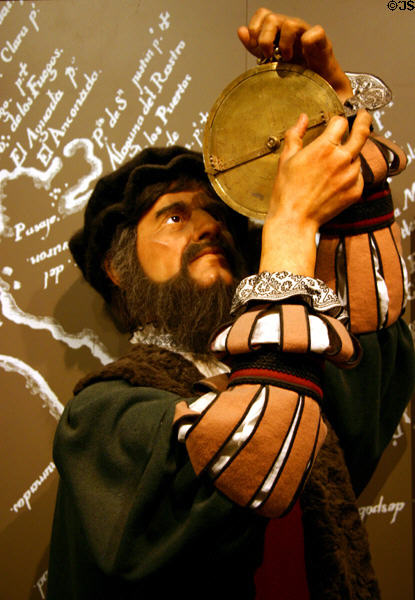Mannequin dressed as Captain General Cabrillo using navigation astrolabe of era in museum of Cabrillo National Monument. San Diego, CA.