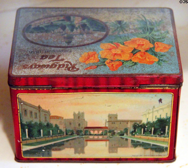 Tea tin with scenes of California including San Francisco World Exposition (1915) at Marston House Museum. San Diego, CA.