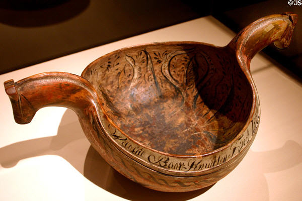 Norwegian wooden ale bowl (1807) at Mingei Museum. San Diego, CA.