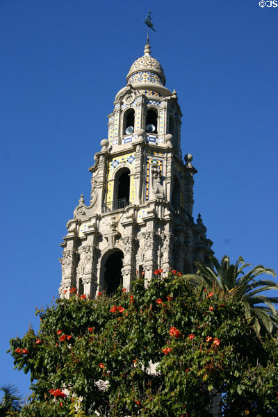 California building tiled tower in Balboa Park. San Diego, CA.