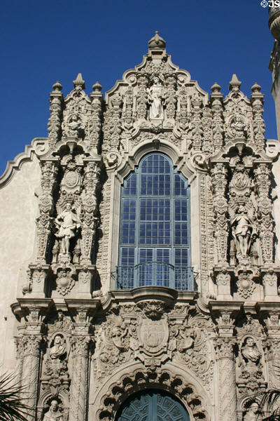 Figures from California history on facade of Museum of Man building in Balboa Park. San Diego, CA.
