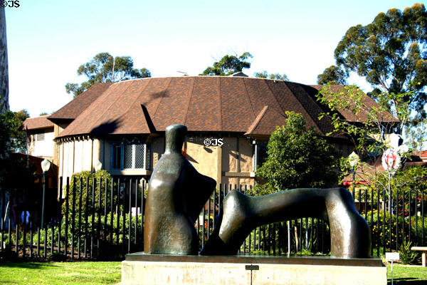 Old Globe Theater & sculpture Reclining Figure - Arch Leg (1969) by Henry Moore at San Diego Museum of Art. San Diego, CA.