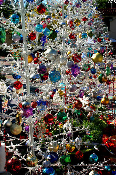 White Christmas tree details in Balboa Park Spanish Village. San Diego, CA.
