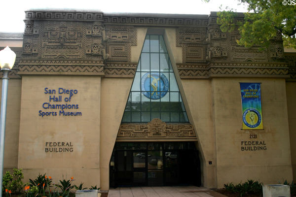 Mayan-style Federal Building in Balboa Park now San Diego Hall of Champions Sports Museum. San Diego, CA.