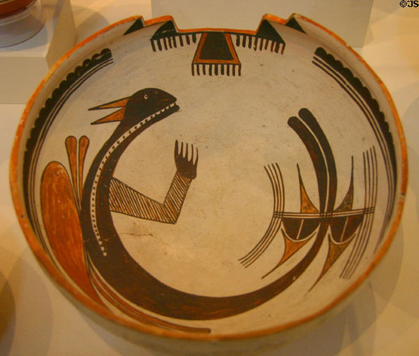 Terraced pottery bowl with winged serpent (1895-1900) from Second Mesa, AZ at San Diego Museum of Man. San Diego, CA.