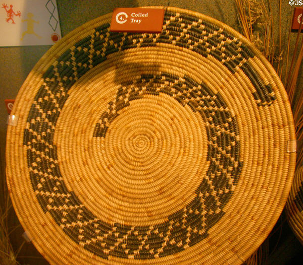 Kumeyaay coiled basket tray (c1900) with spiral snake design at San Diego Museum of Man. San Diego, CA.